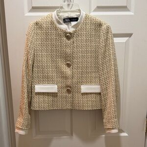 Zara Cream Tweed Cropped Blazer with White Trim
